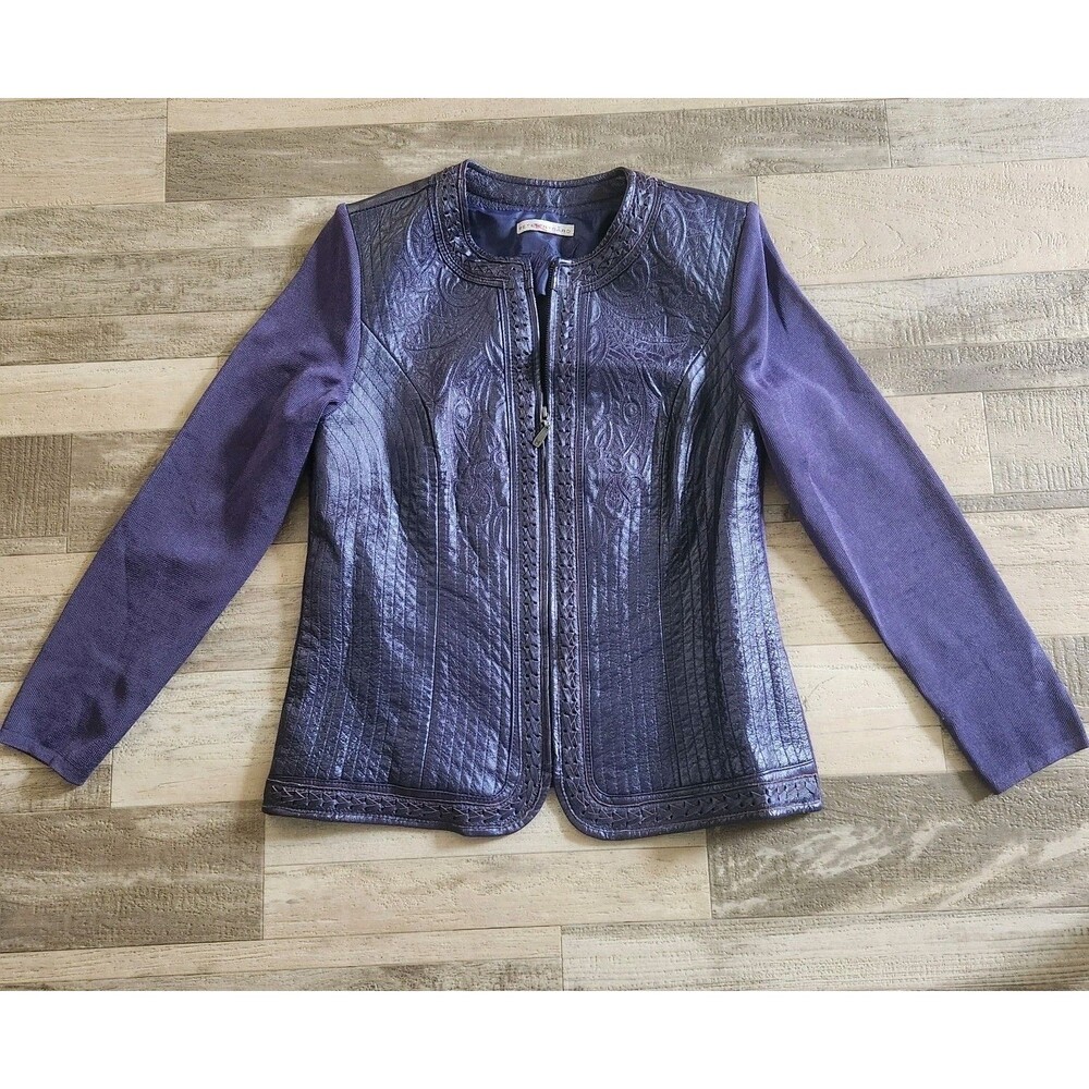 Vtg 90s Peter Nygard Embroidered Leather Knit Jacket Artsy Y2K Violet/Blue Sz S